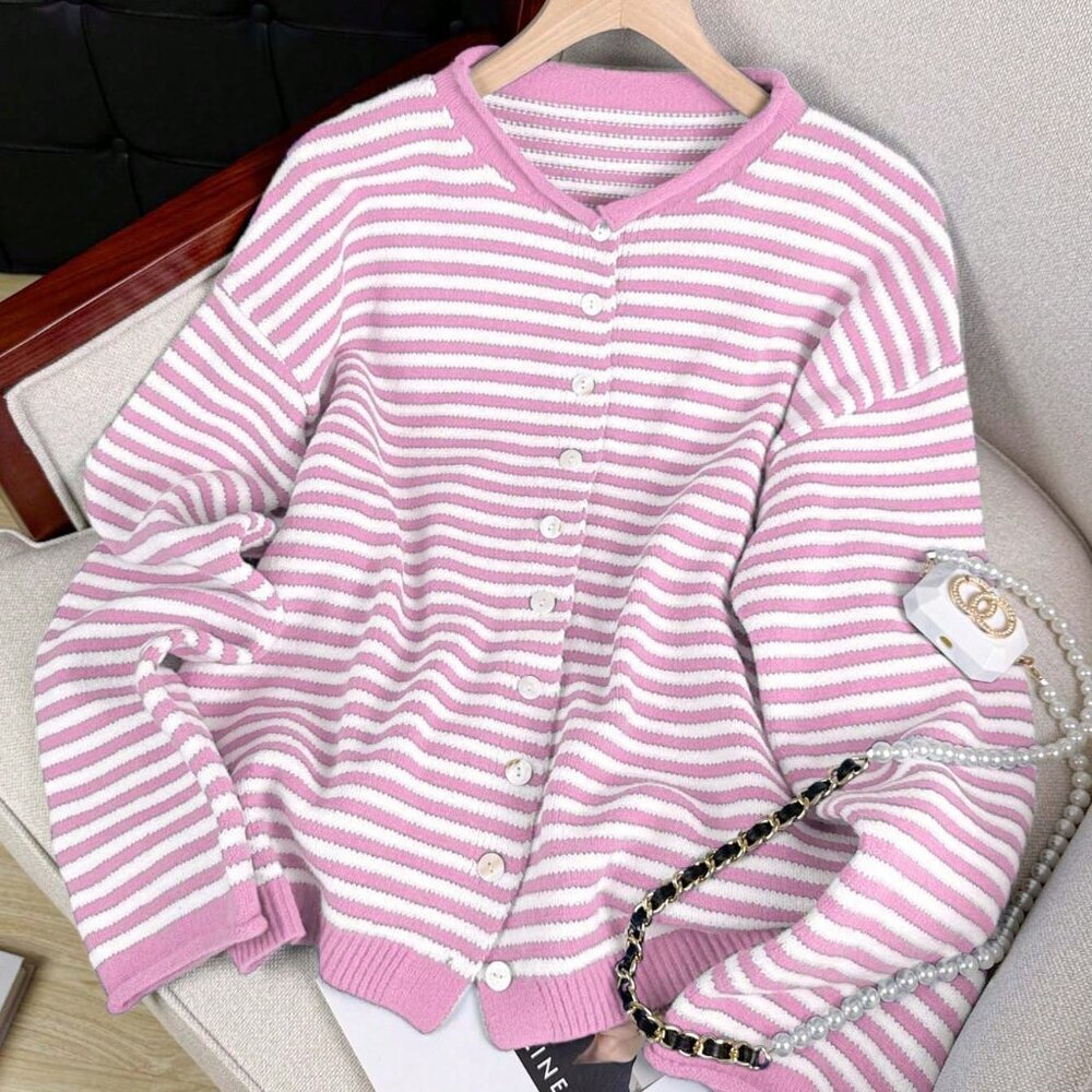 Pink Loose Women's Striped Knit Cardigan - Picture 4 of 7
